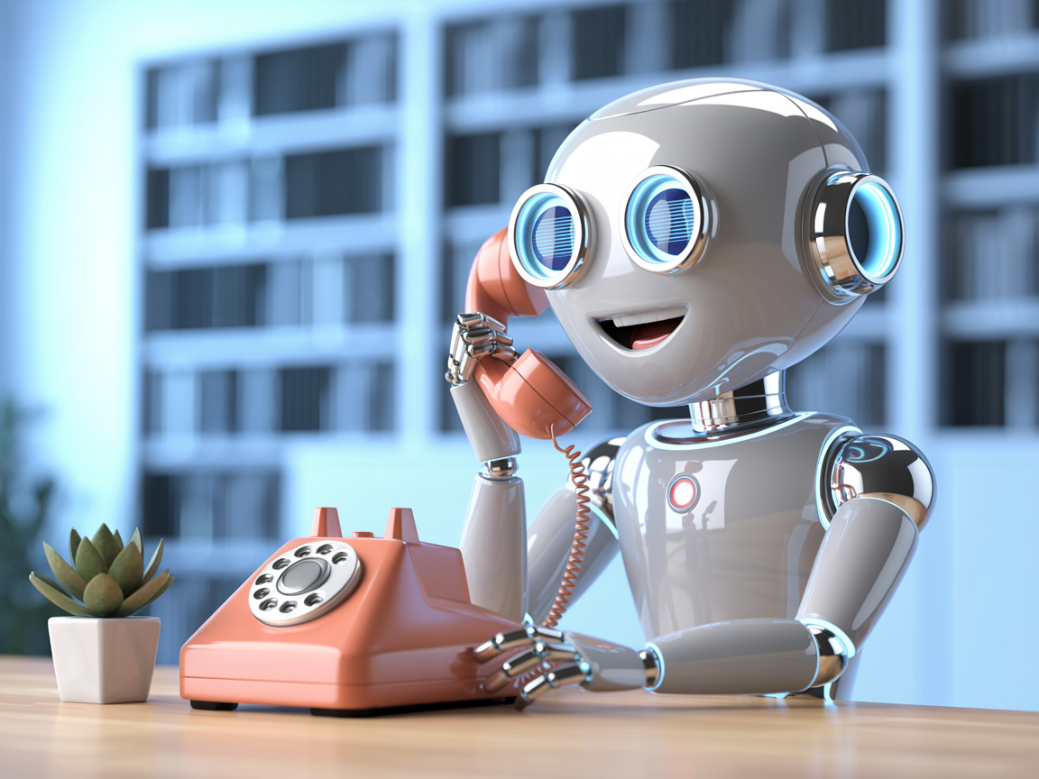 Friendly AI robot answering a phone call